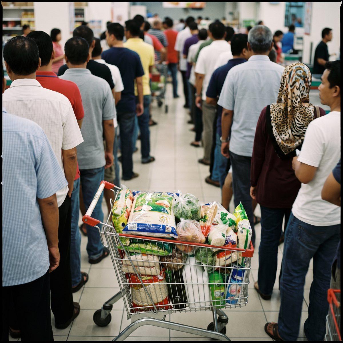 A long supermarket checkout queue of heaped trolleys at peak hour