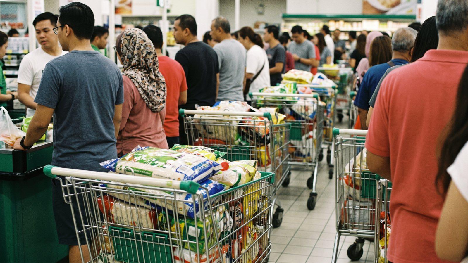 A long supermarket checkout queue of heaped trolleys at peak hour