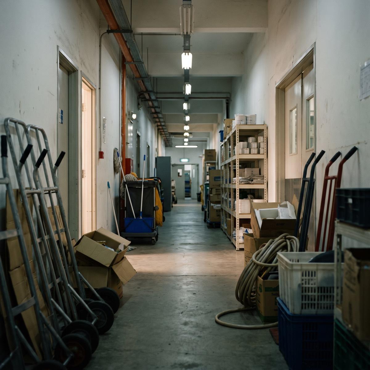 The back-of-house service corridor of a shop: racking, trolleys, crates and cabling