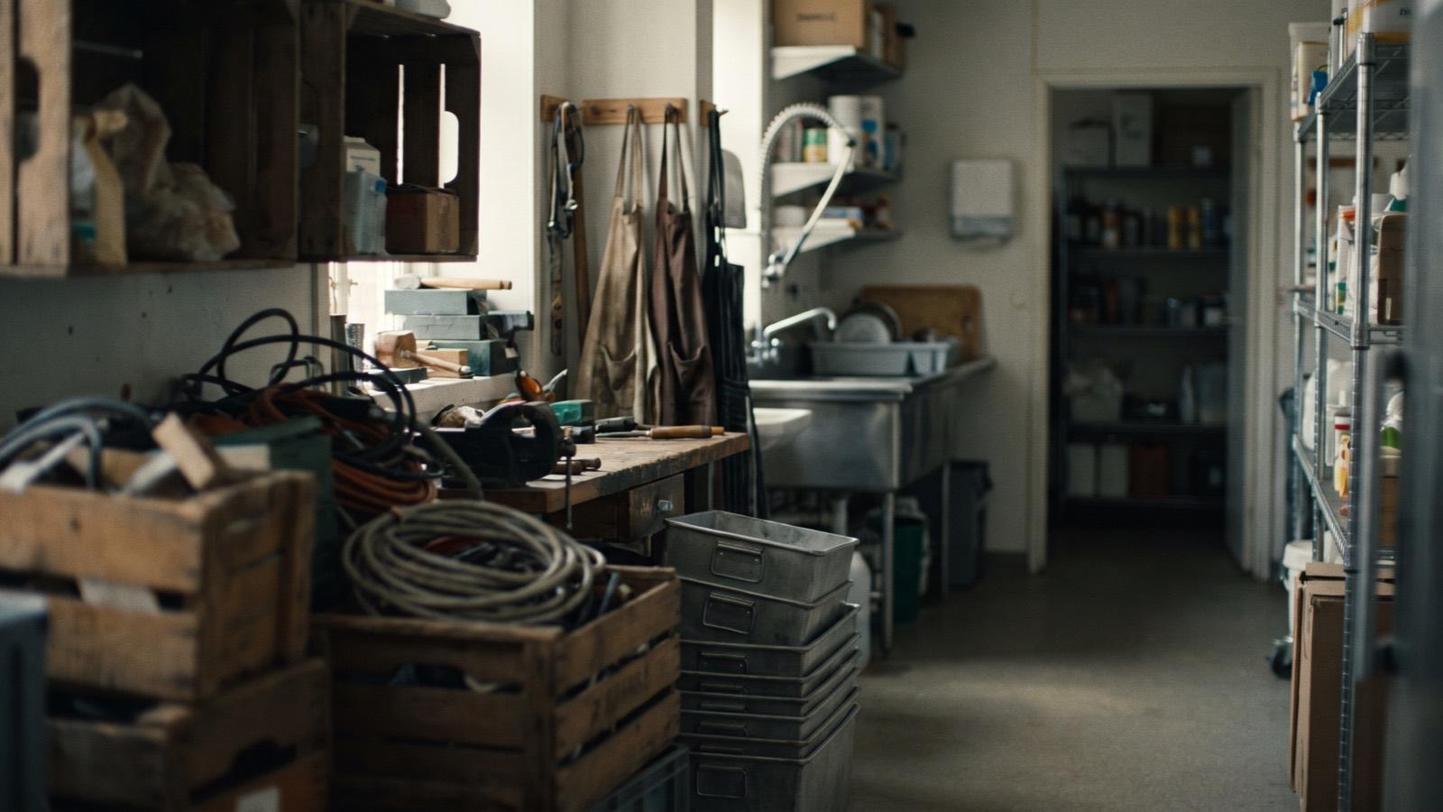 The back-of-house service corridor of a shop: racking, trolleys, crates and cabling