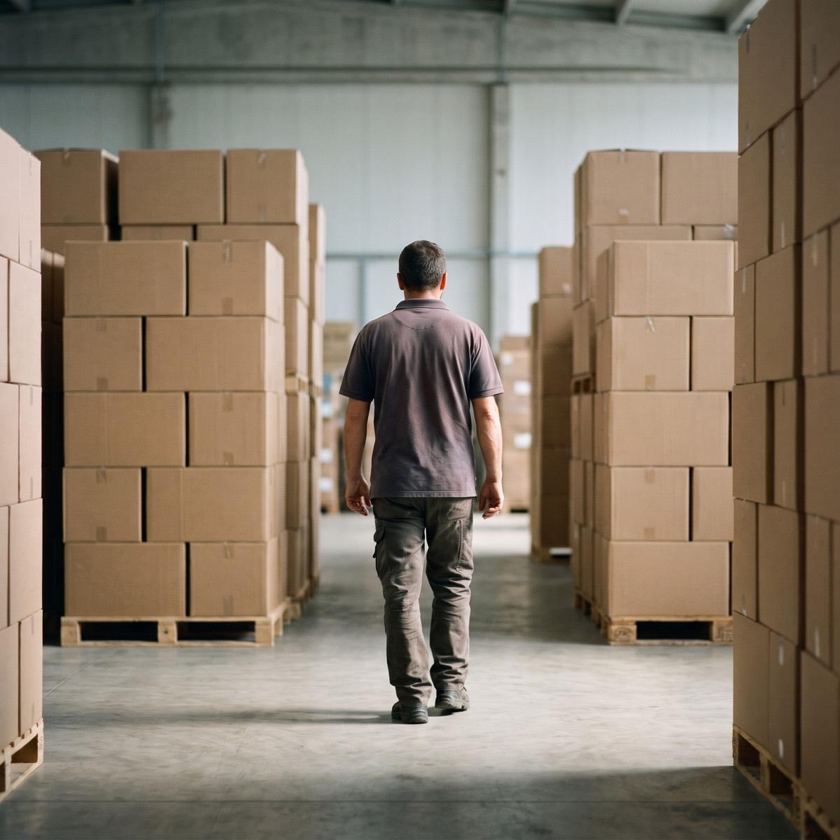 A warehouse worker reaching up to a carton in a wholesale aisle stacked high with plain boxes