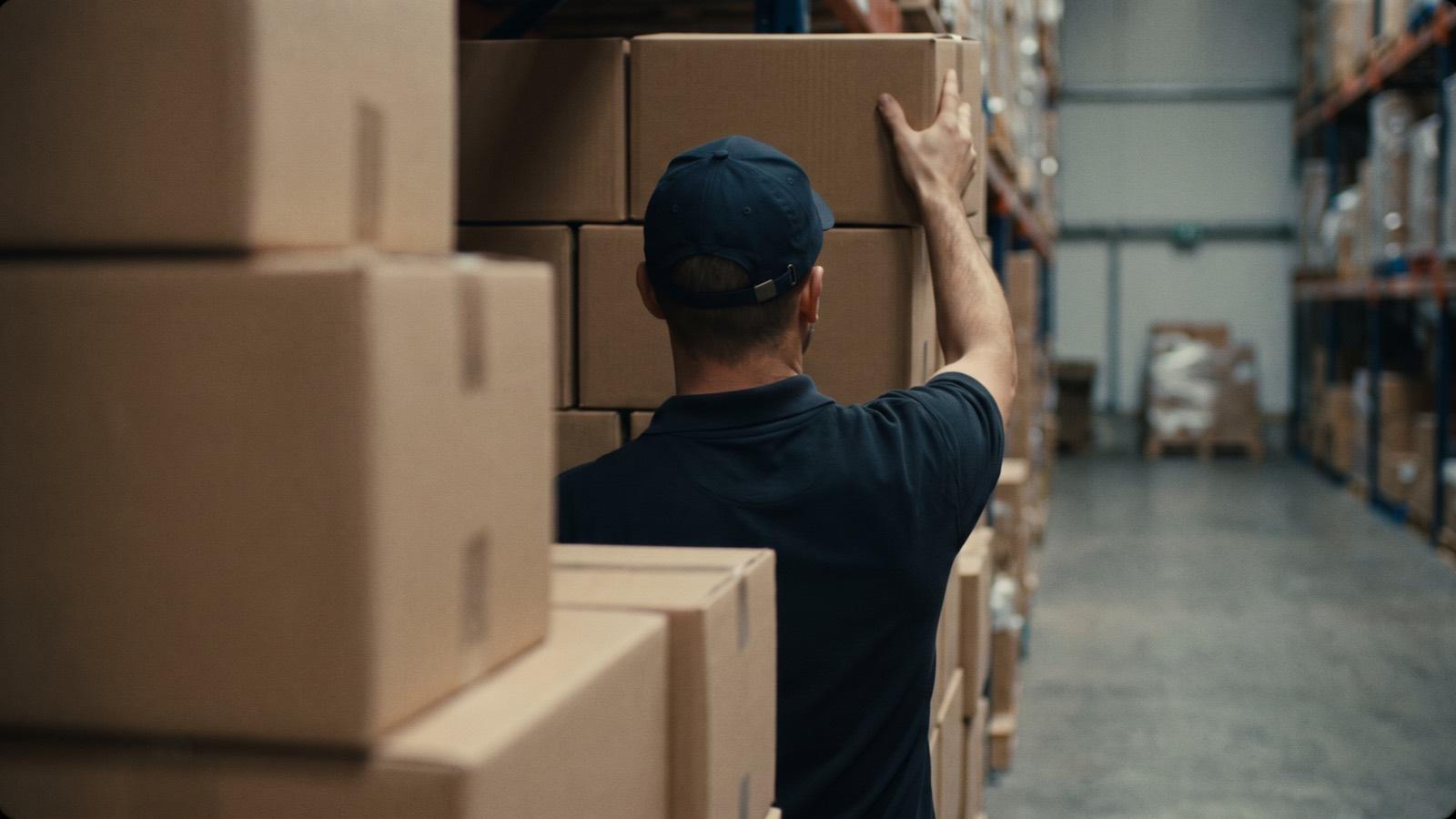 A warehouse worker reaching up to a carton in a wholesale aisle stacked high with plain boxes