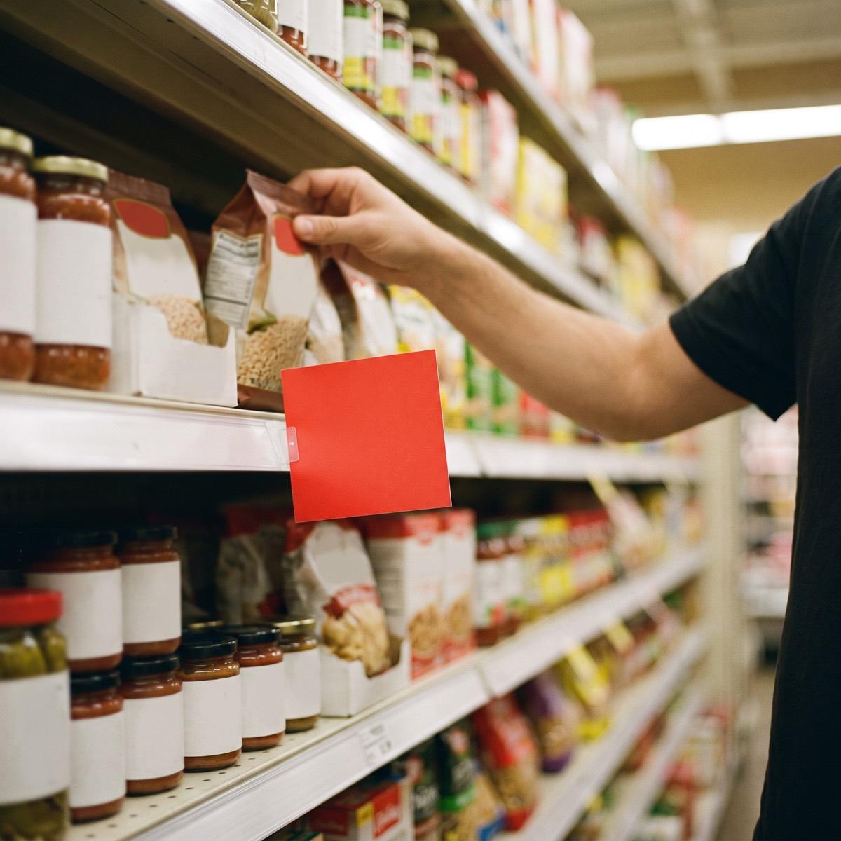 A blank red promotional flag on a shelf that is still completely full