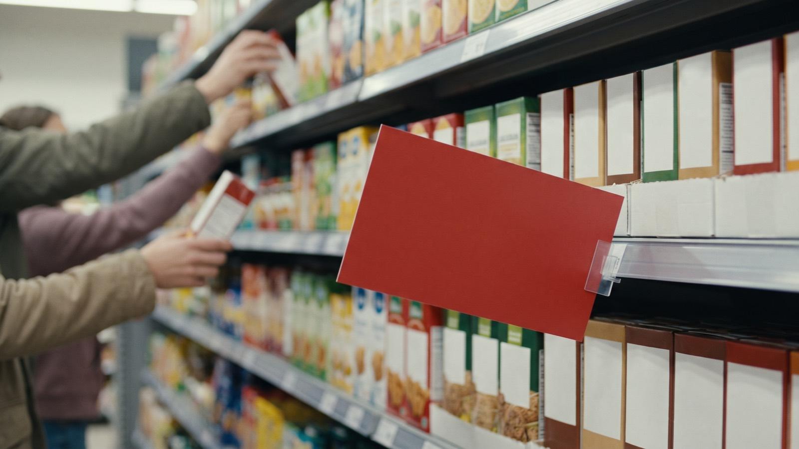 A blank red promotional flag on a shelf that is still completely full