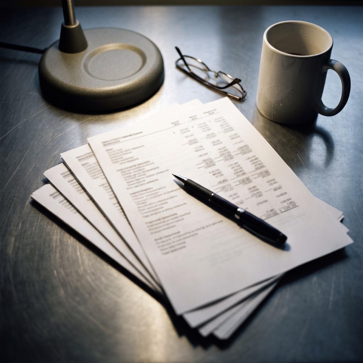 Printed financial statements fanned across a desk under a lamp in a factory office at night