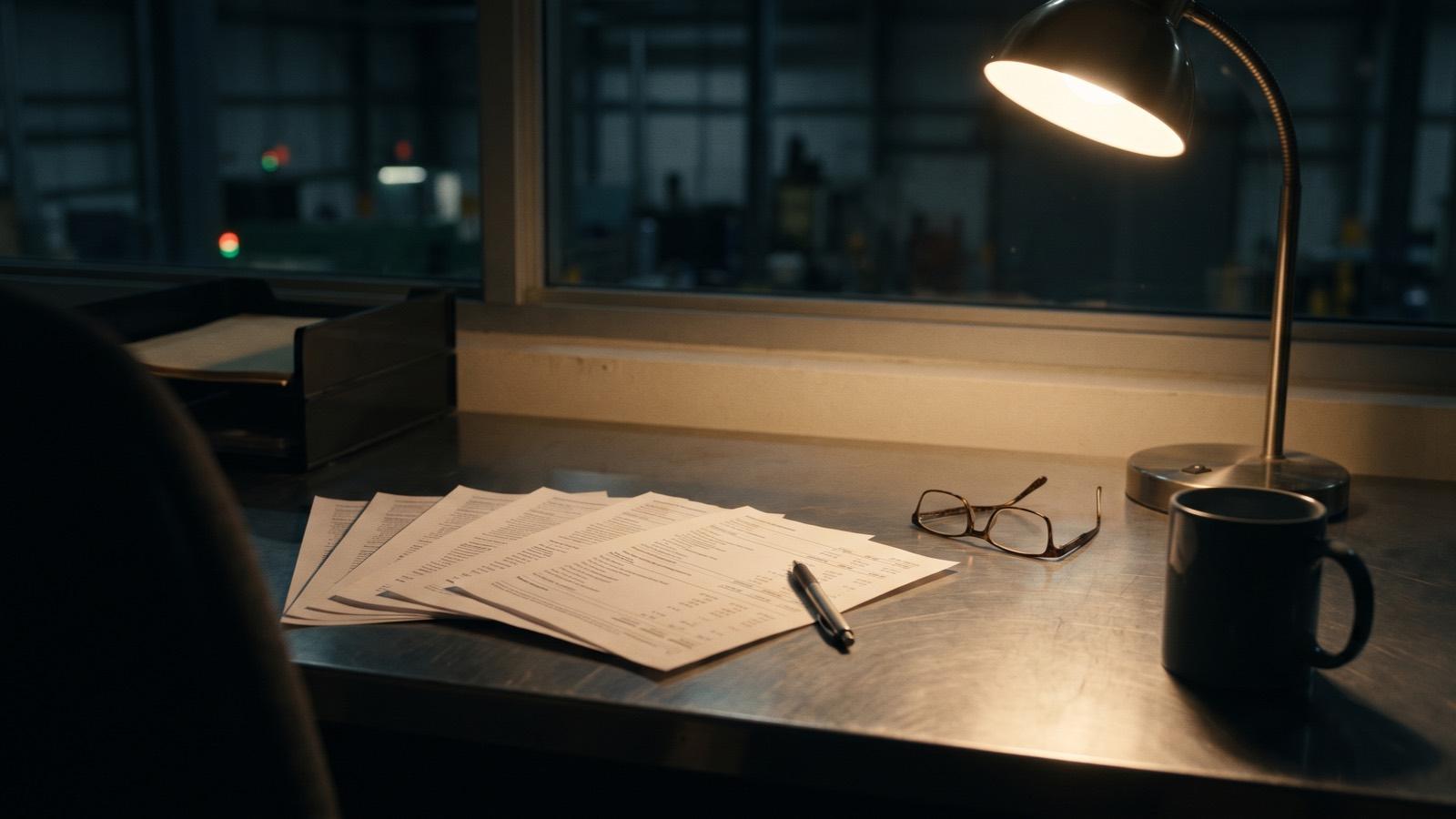 Printed financial statements fanned across a desk under a lamp in a factory office at night