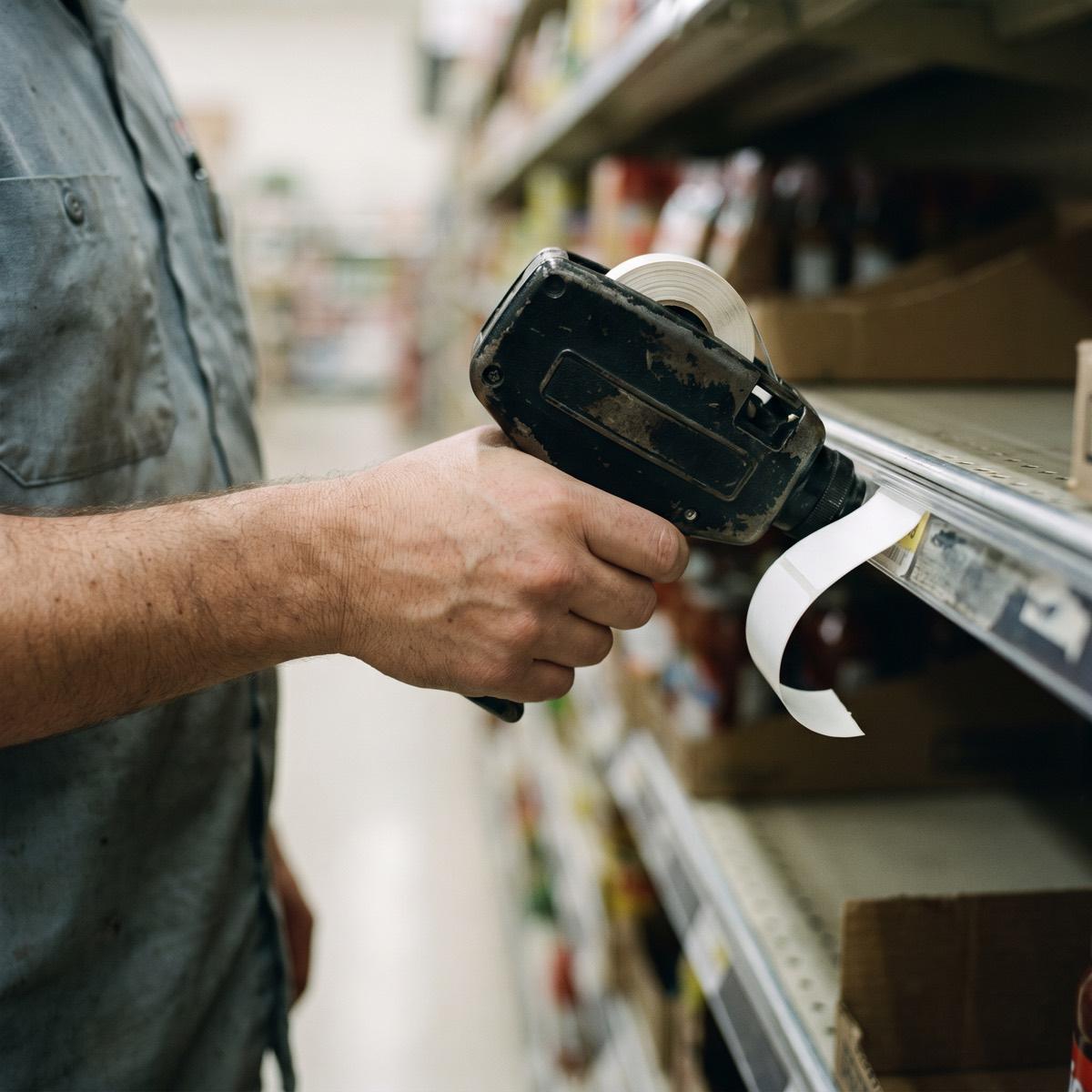 A hand holding a label gun against a shelf edge, a blank price label curling off the roll